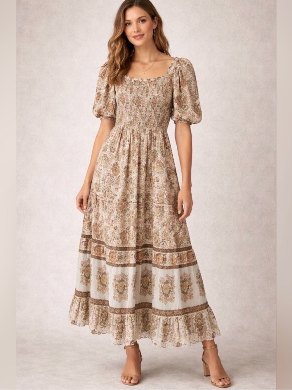 Kindred Boho Cottagecore Floral Smocked  Milkmaid Maxi Dress M
